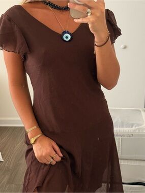 Brown V-Neck Short Sleeve Women’s Dress